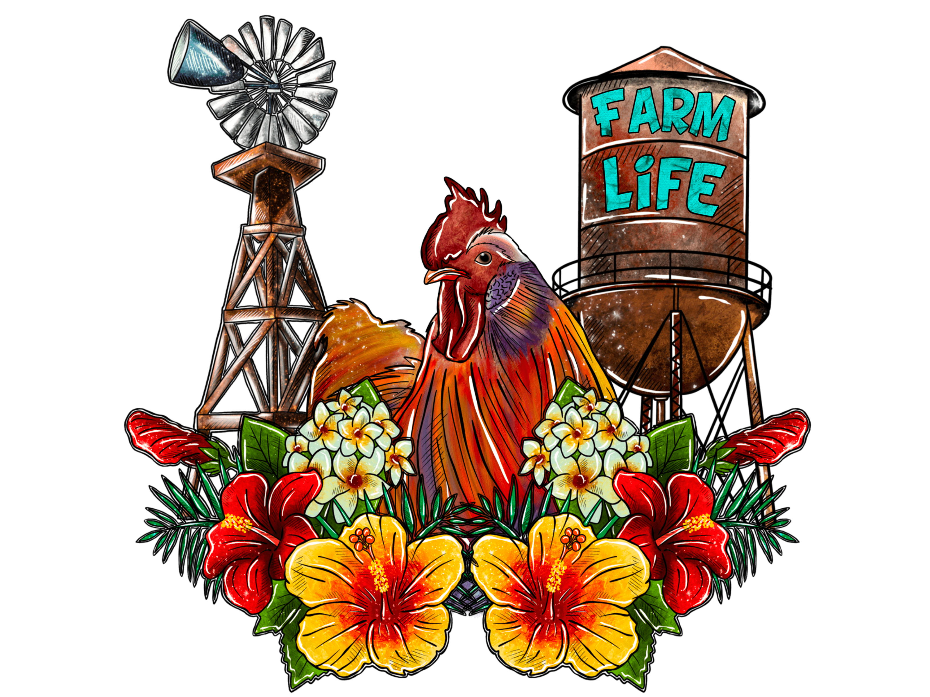 Rustic Country Farmhouse Chicken Lover Floral DTF Transfer