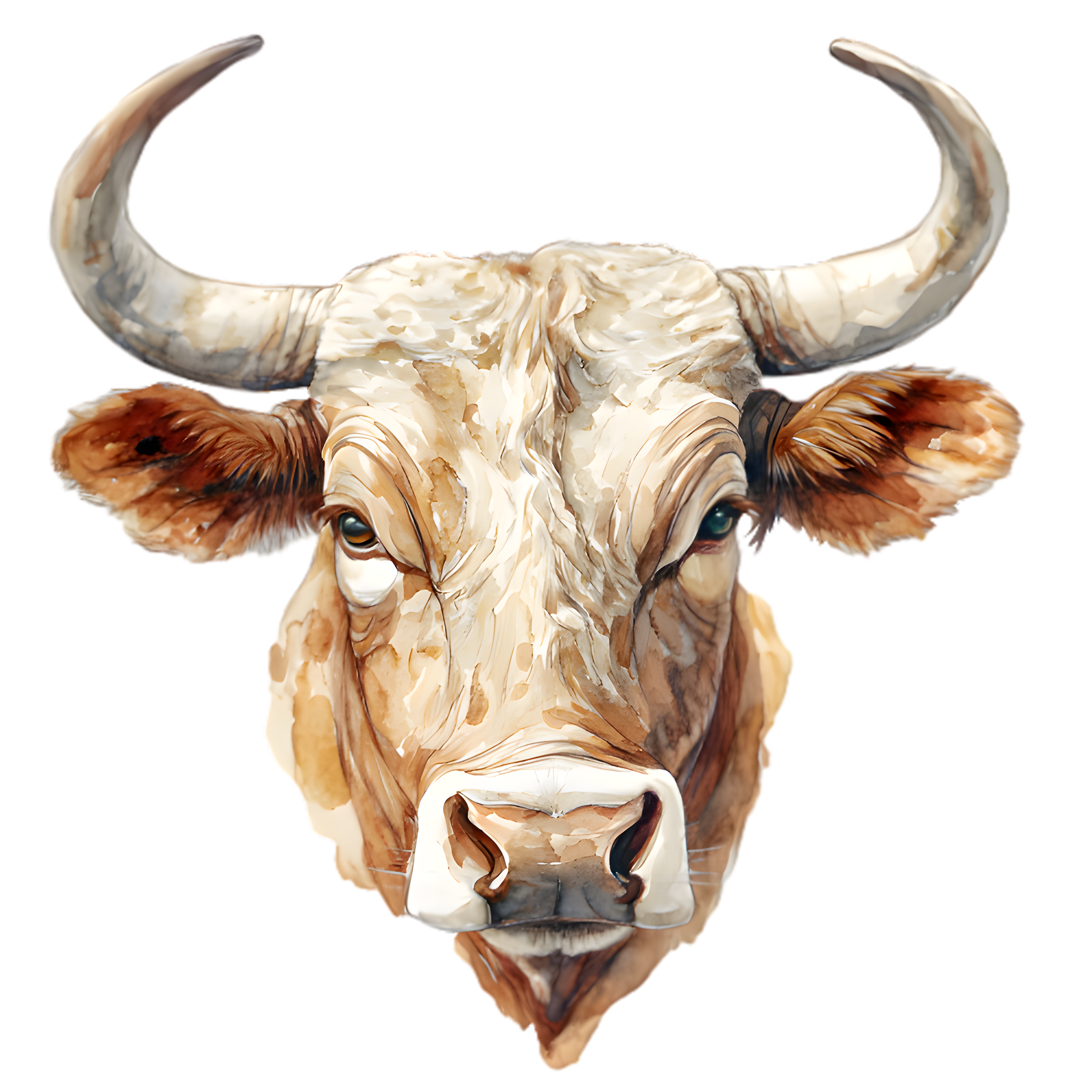 Watercolor Horned Cow Portrait DTF Transfer