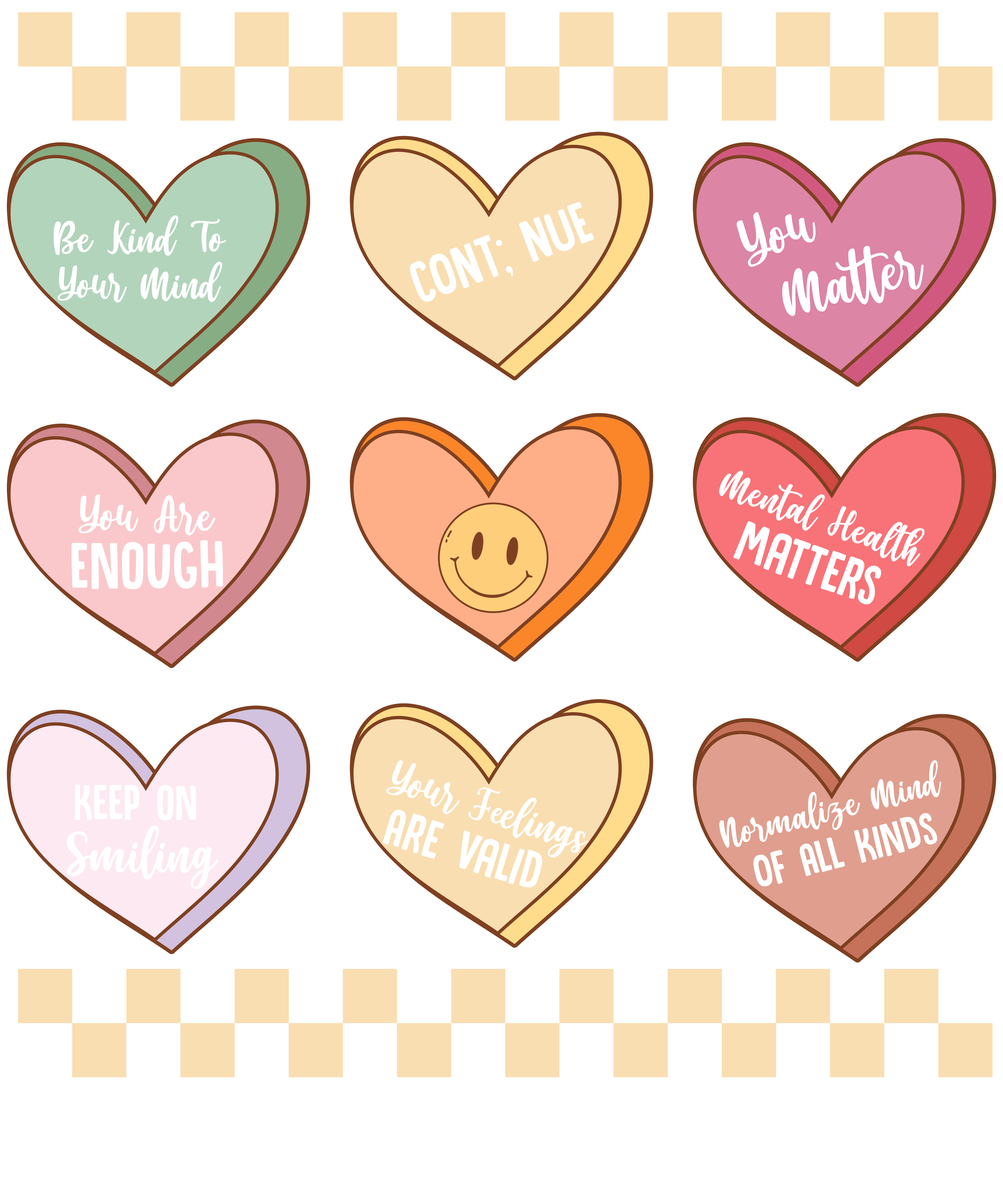 Mental Health Affirmation Hearts DTF Transfer