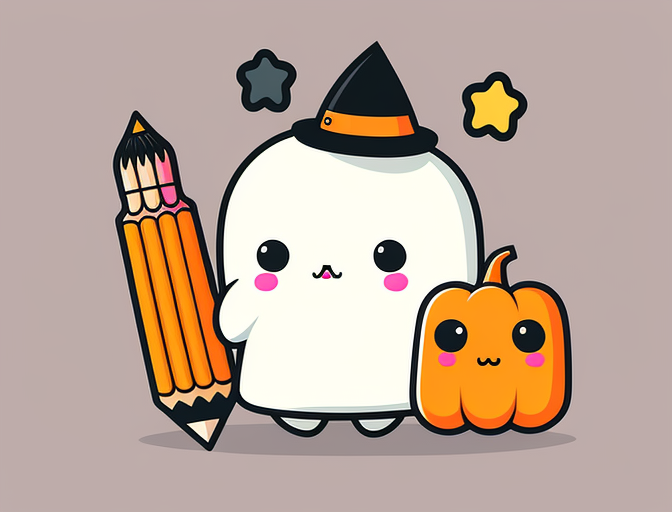 Cute Kawaii Ghost With Pencil And Pumpkin DTF Transfer
