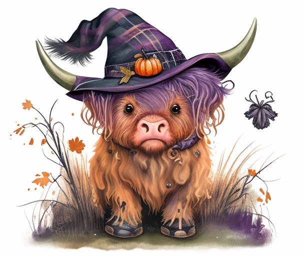 Highland Cow Wearing Witch Hat DTF Transfer