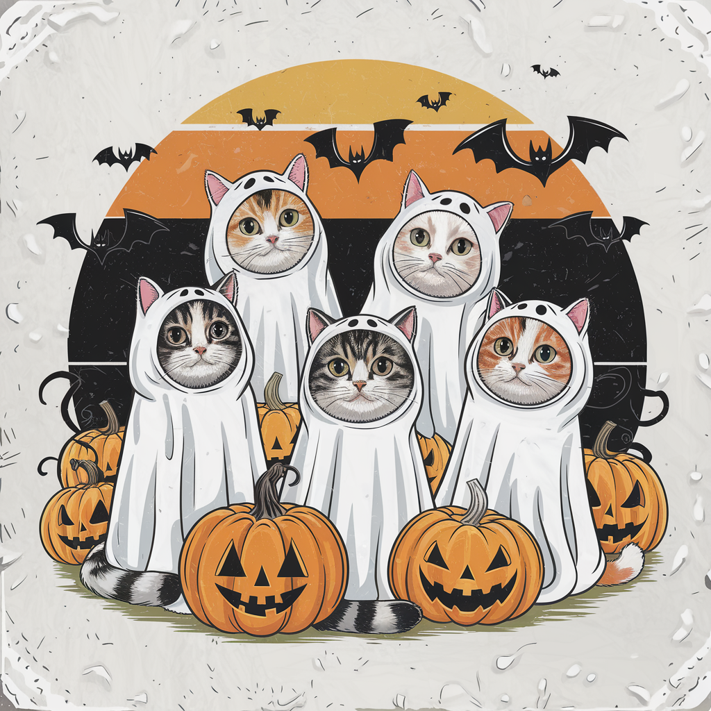 Ghost Cats In Halloween Costumes With Pumpkins DTF Transfer