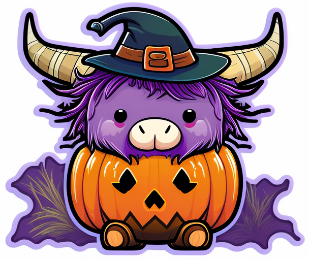Cute Highland Cow In Pumpkin Wearing Witch Hat DTF Transfer
