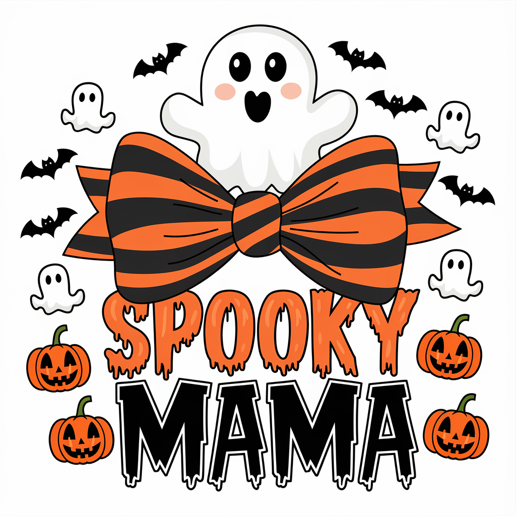 Spooky Mama Halloween Ghost With Striped Bow DTF Transfer