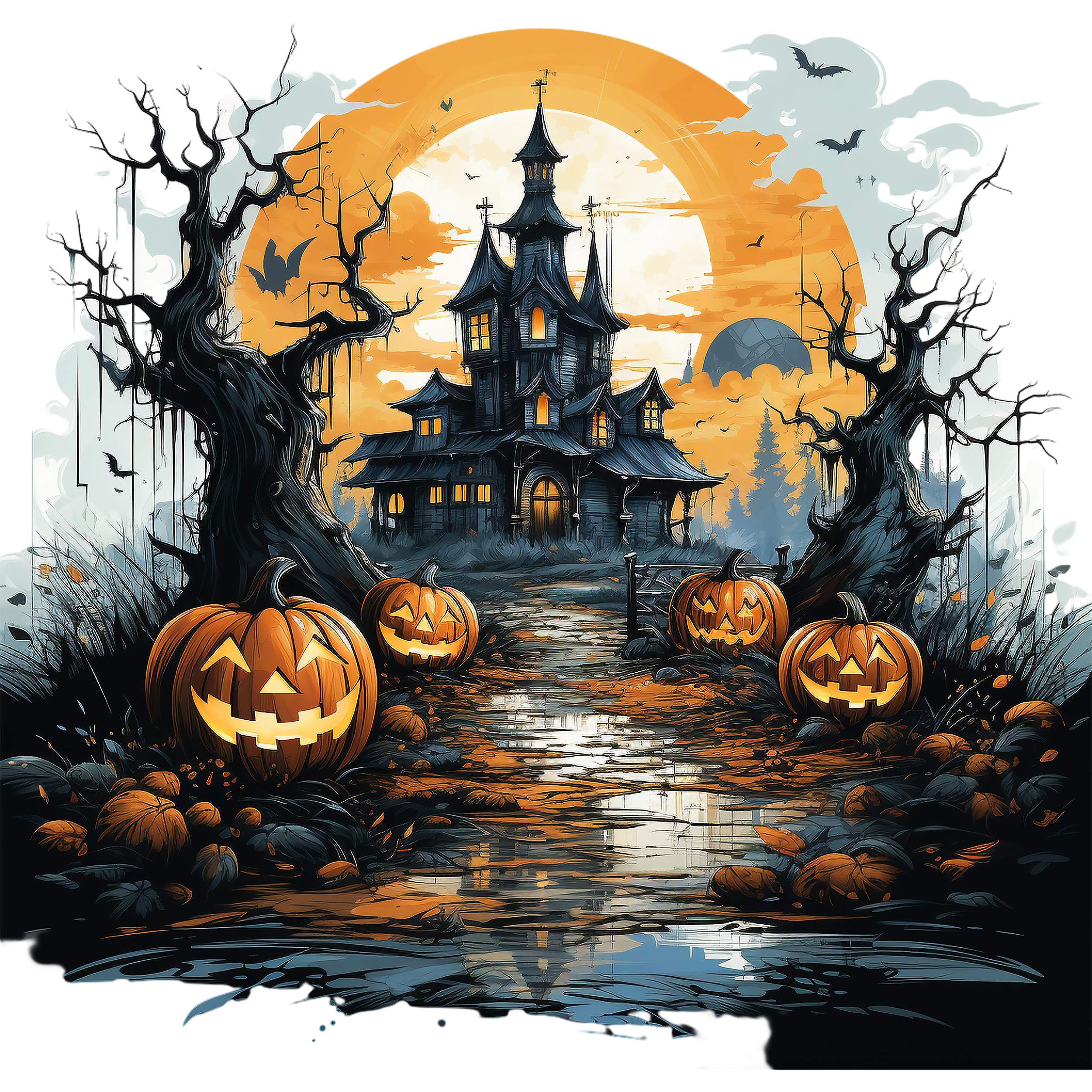 Haunted House Halloween Night Scene DTF Transfer