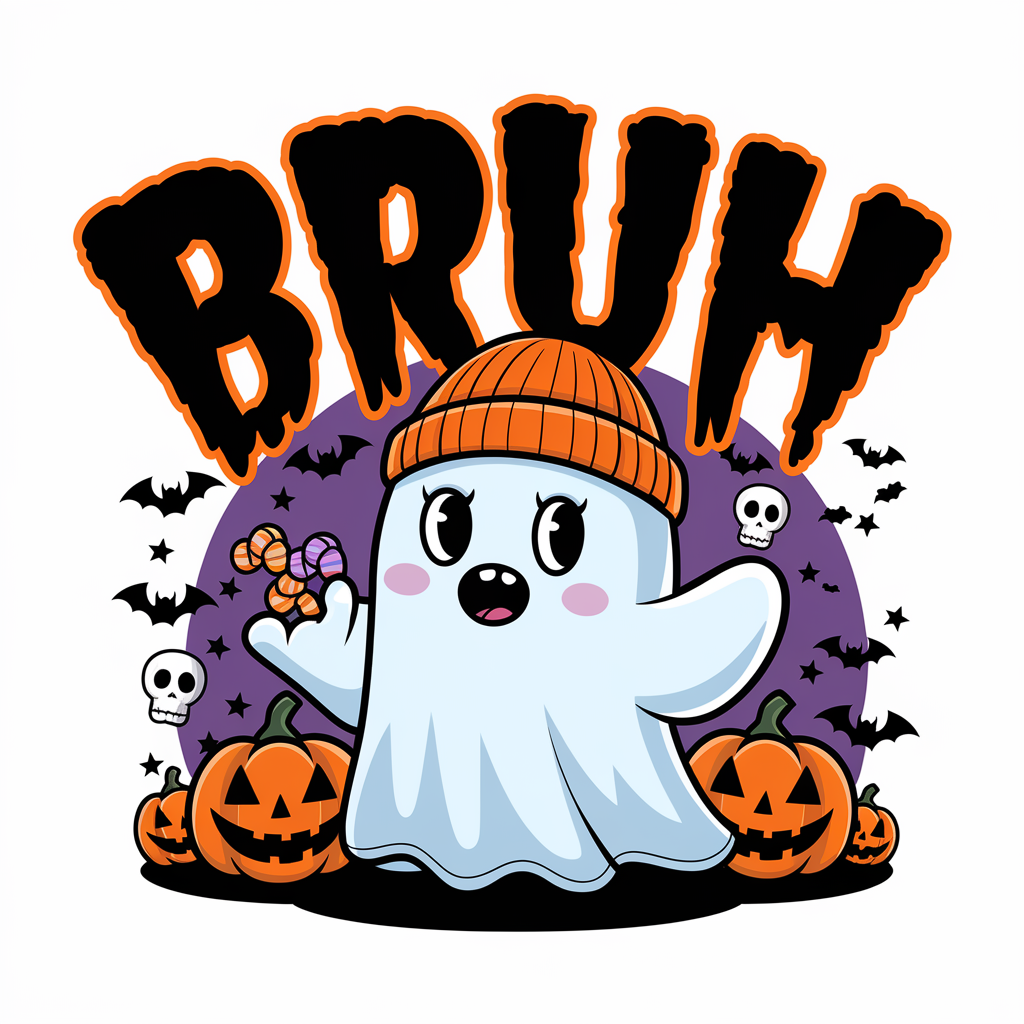Bruh Halloween Ghost With Beanie Pumpkins DTF Transfer