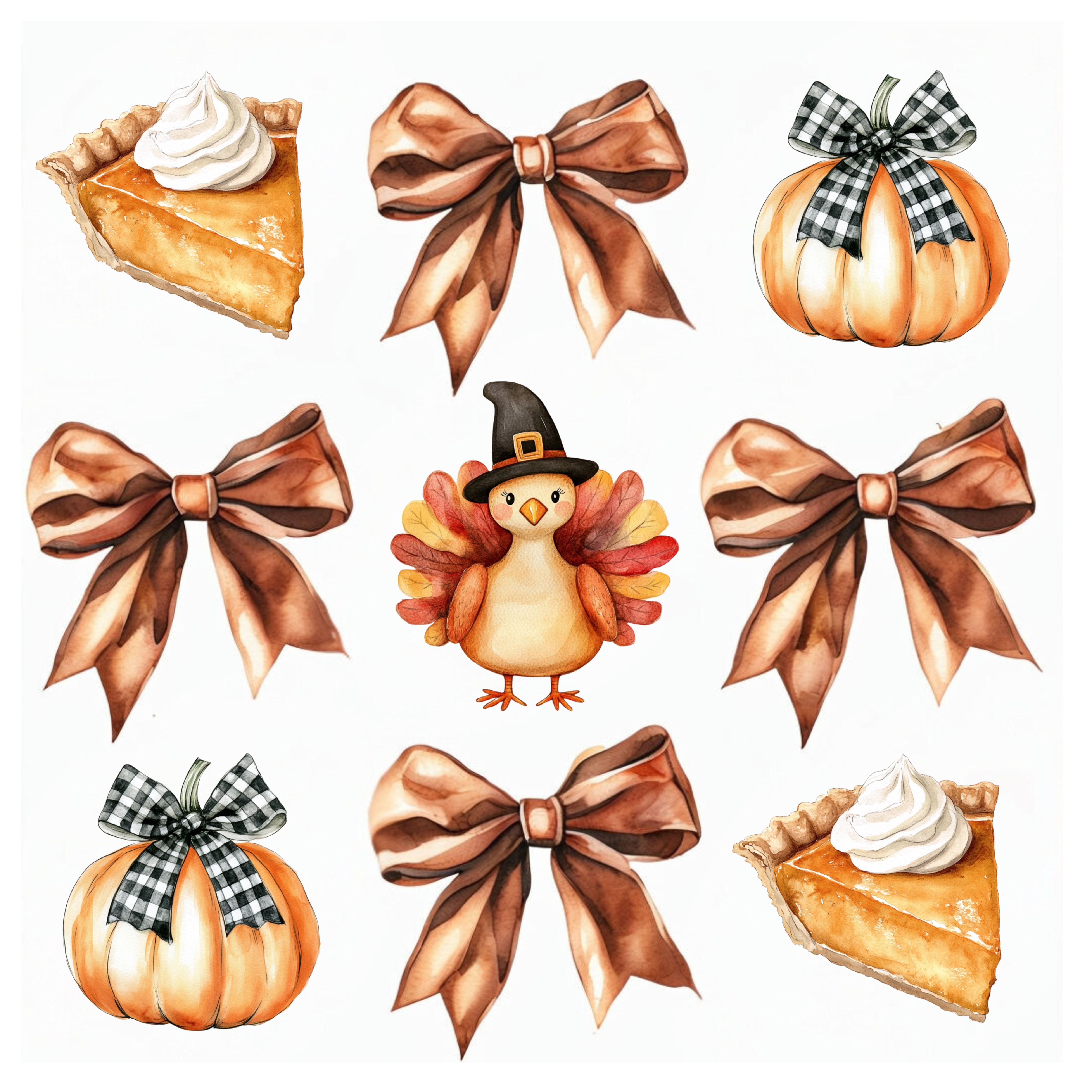 Watercolor Autumn Bow Pumpkin Pie Pumpkin DTF Transfer