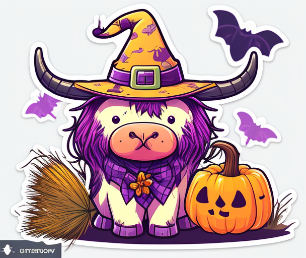 Witch Highland Cow Pumpkin Sticker DTF Transfer