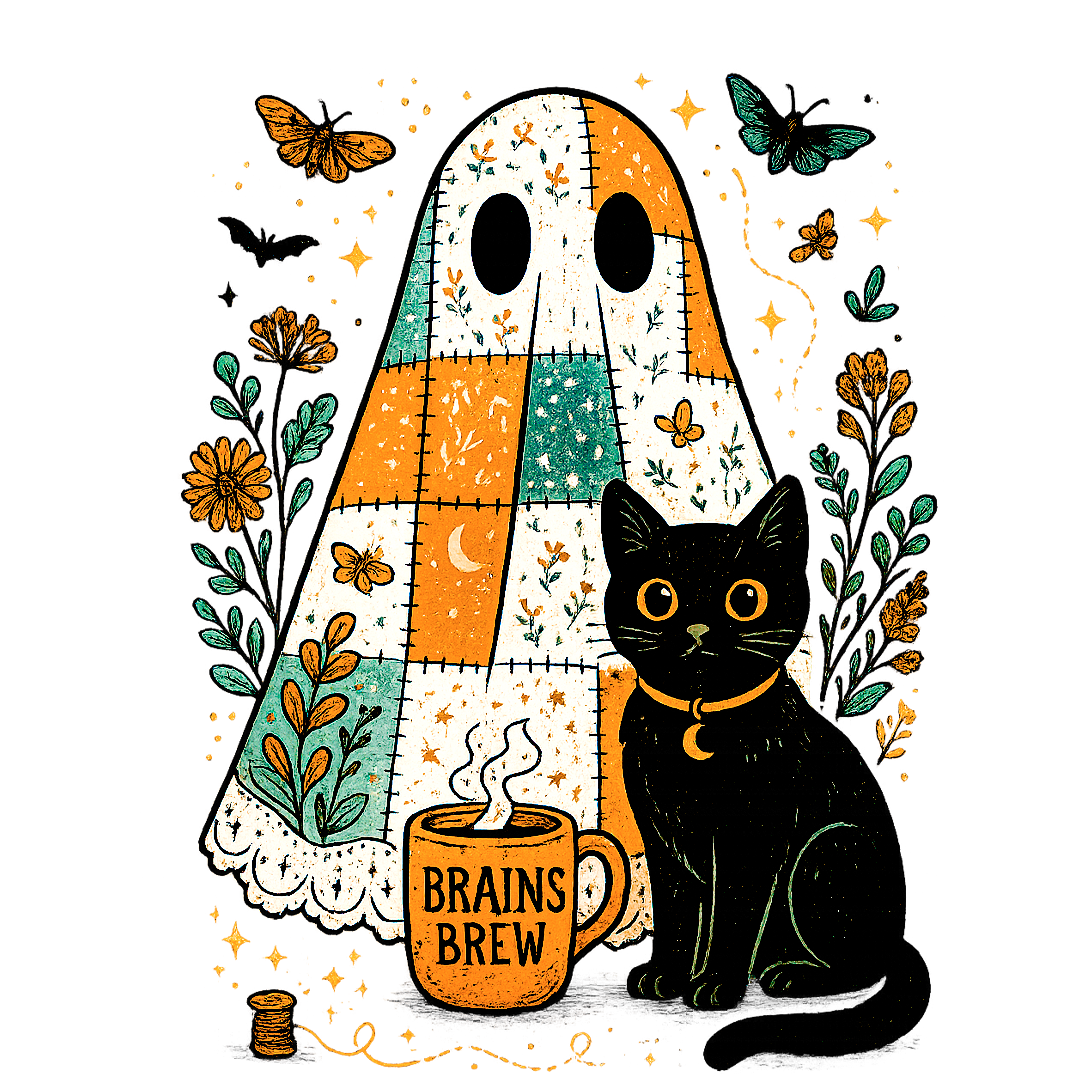 Patchwork Ghost And Black Cat DTF Transfer