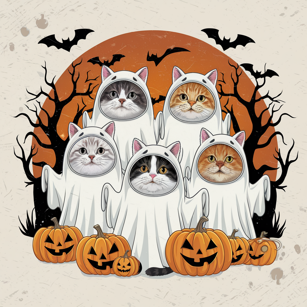Cute Ghost Costume Cats Halloween Pumpkin DTF Transfer