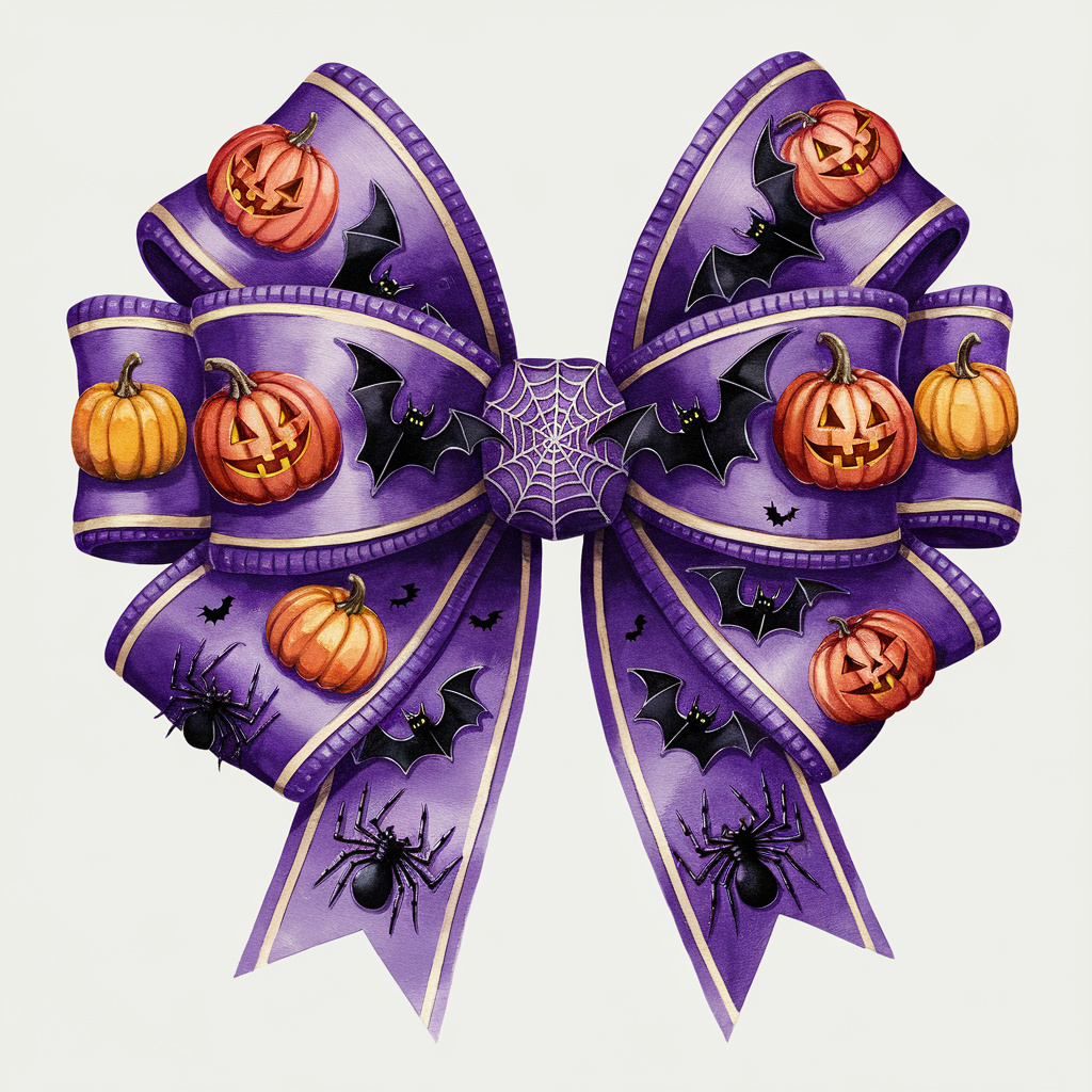 Purple Halloween Bow With Pumpkins Bats And Spiders DTF Transfer