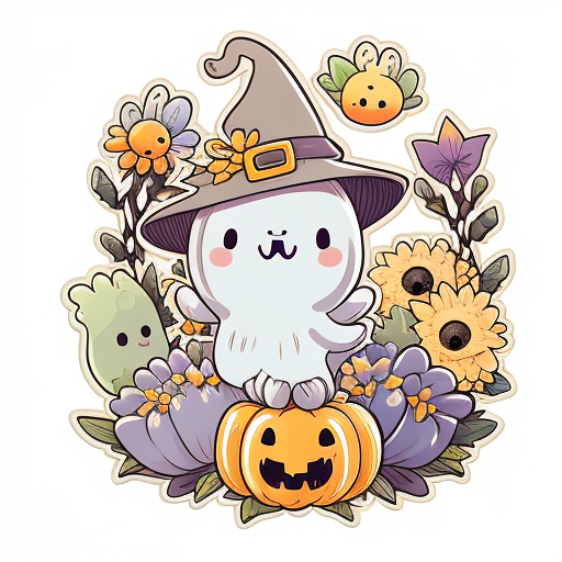 Kawaii Ghost Witch With Floral Pumpkin DTF Transfer