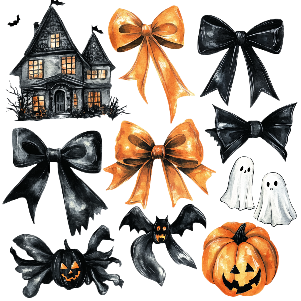 Watercolor Haunted House Bows And Halloween DTF Transfer