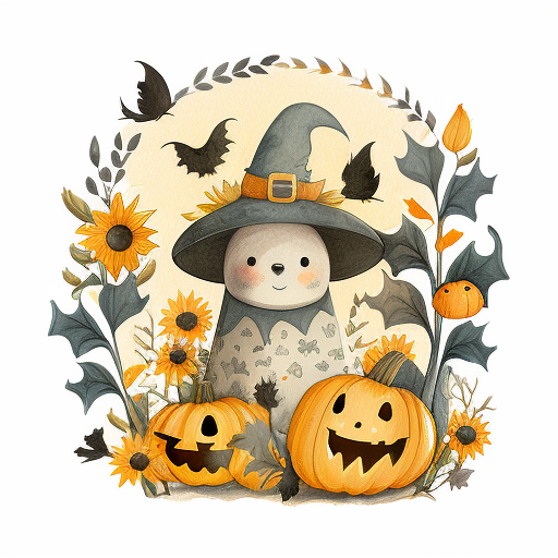 Whimsical Ghost Witch With Pumpkins DTF Transfer