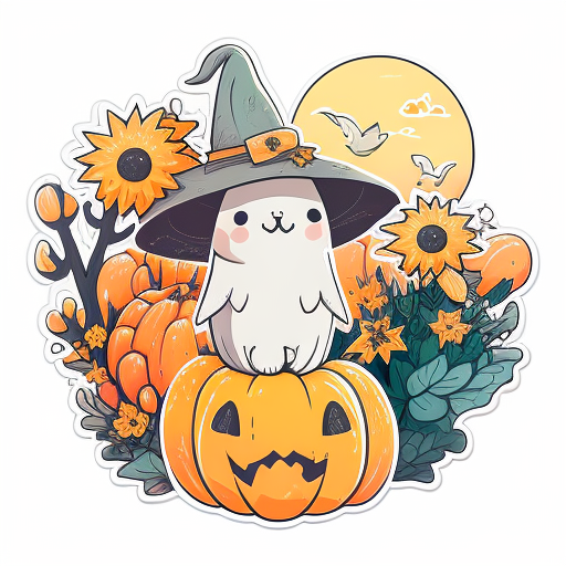 Cute Ghost Witch On Pumpkin With Sunflowers DTF Transfer