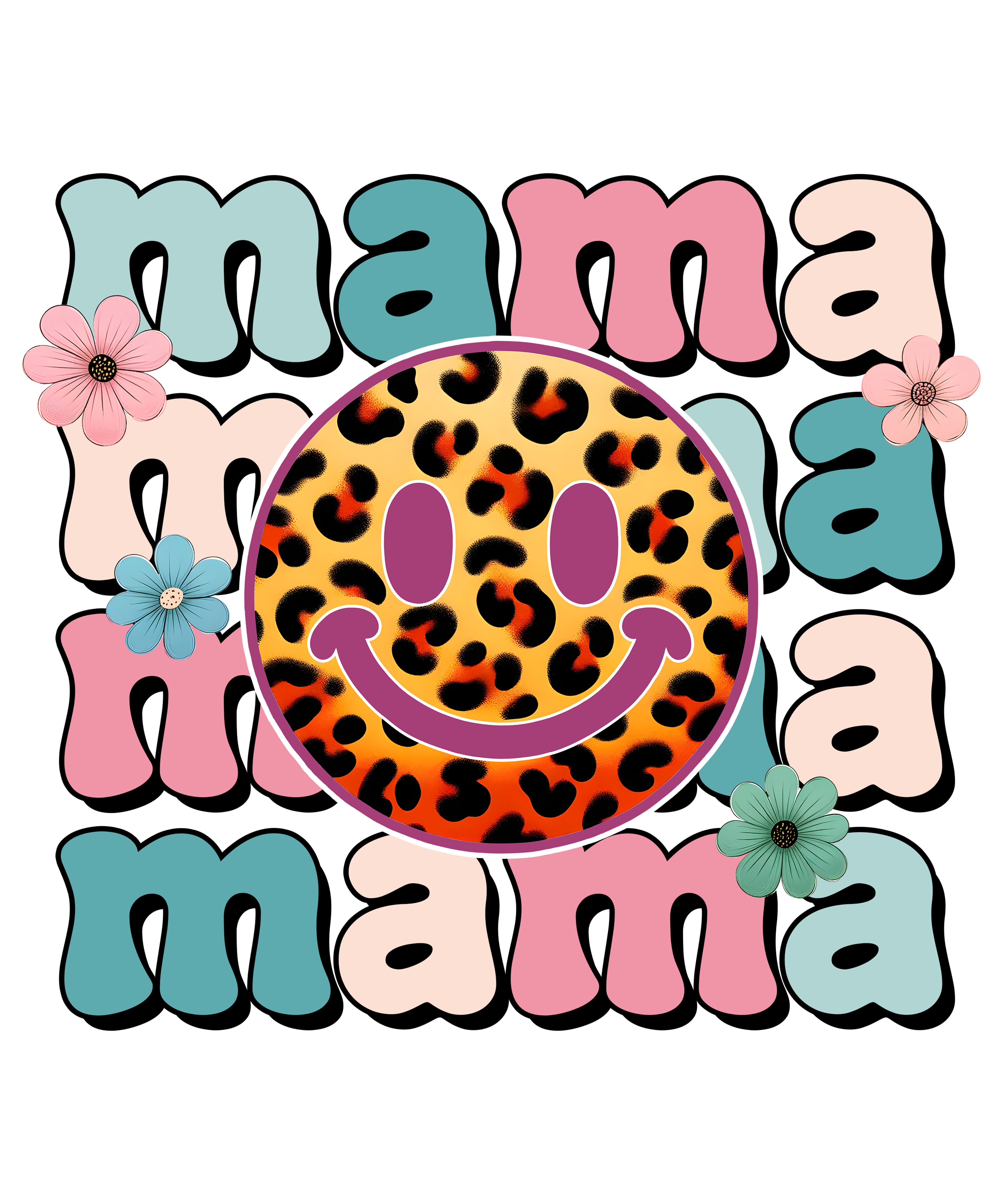 Floral Leopard Smiley Mama DTF Transfer