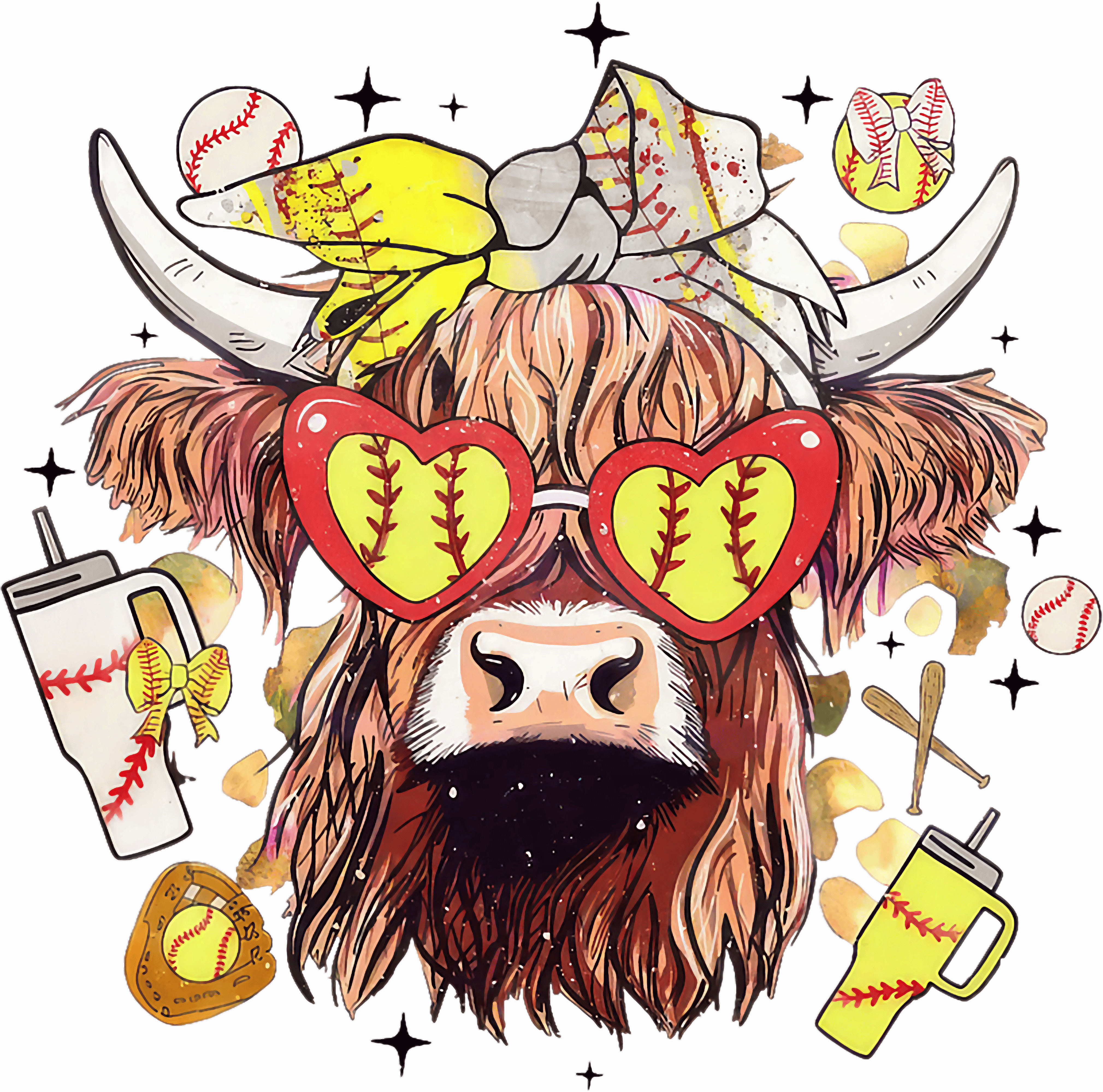 Highland Cow Softball Lover DTF Transfer