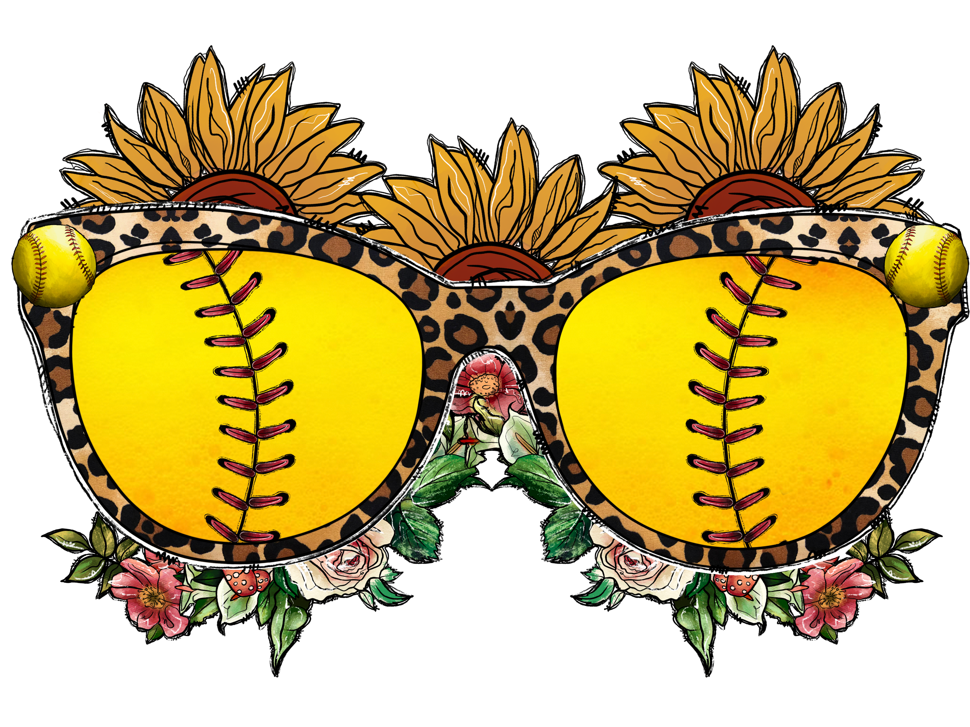 Softball Sunglasses And Sunflowers DTF Transfer