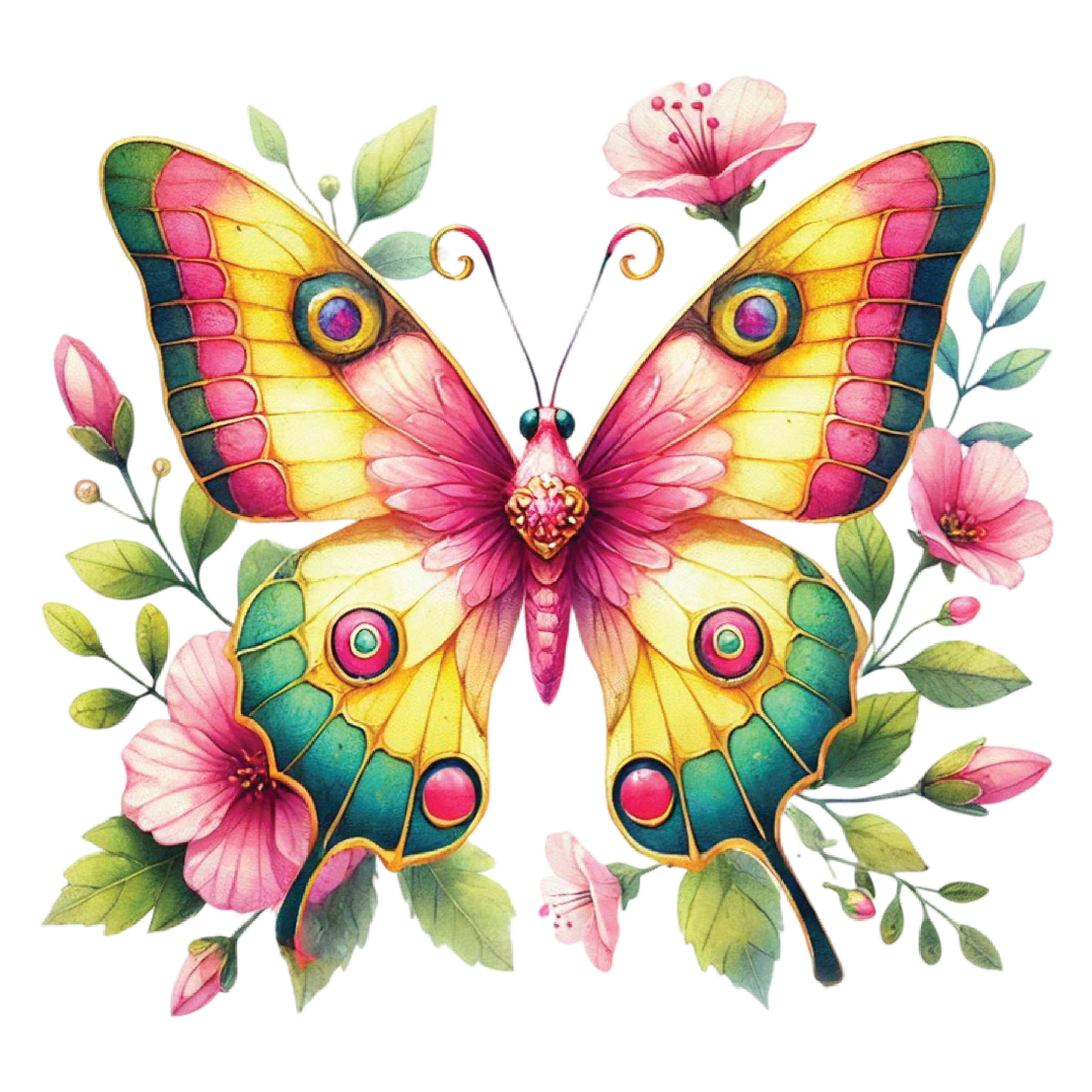 Colorful Butterfly With Pink Flowers DTF Transfer
