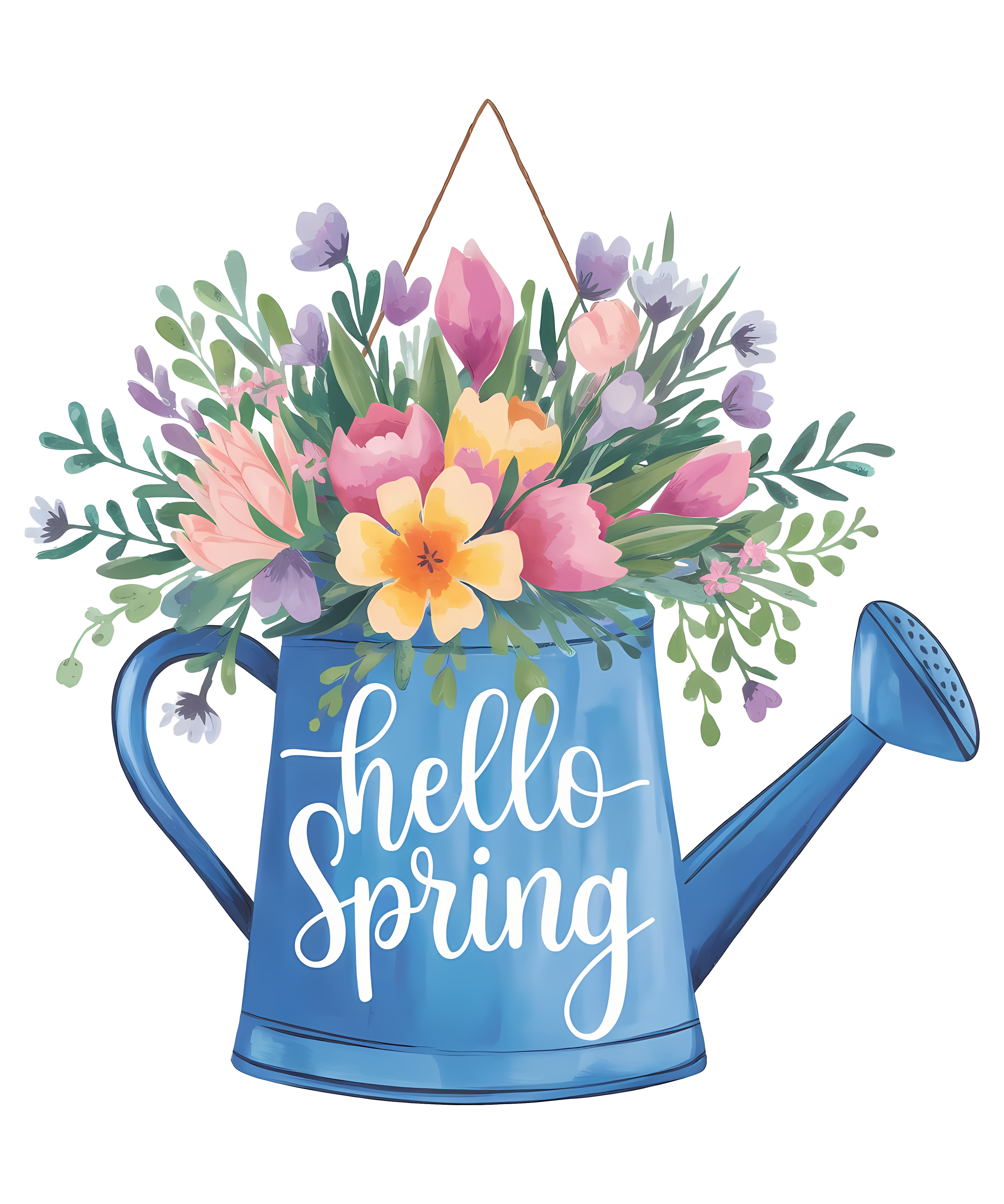 Blue Watering Can Floral Bouquet DTF Transfer