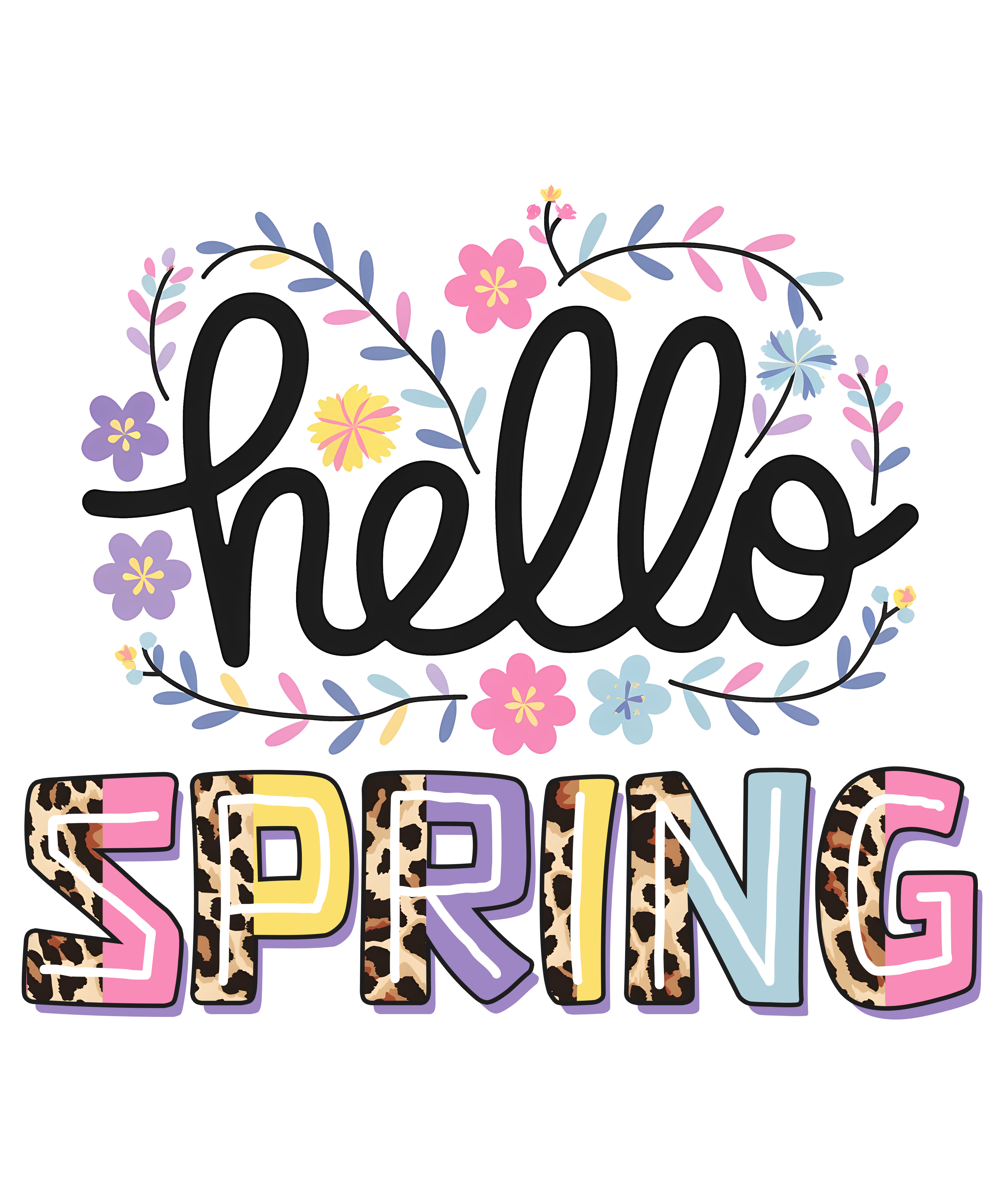 Hello Spring Floral Typography With Leopard Print DTF Transfer