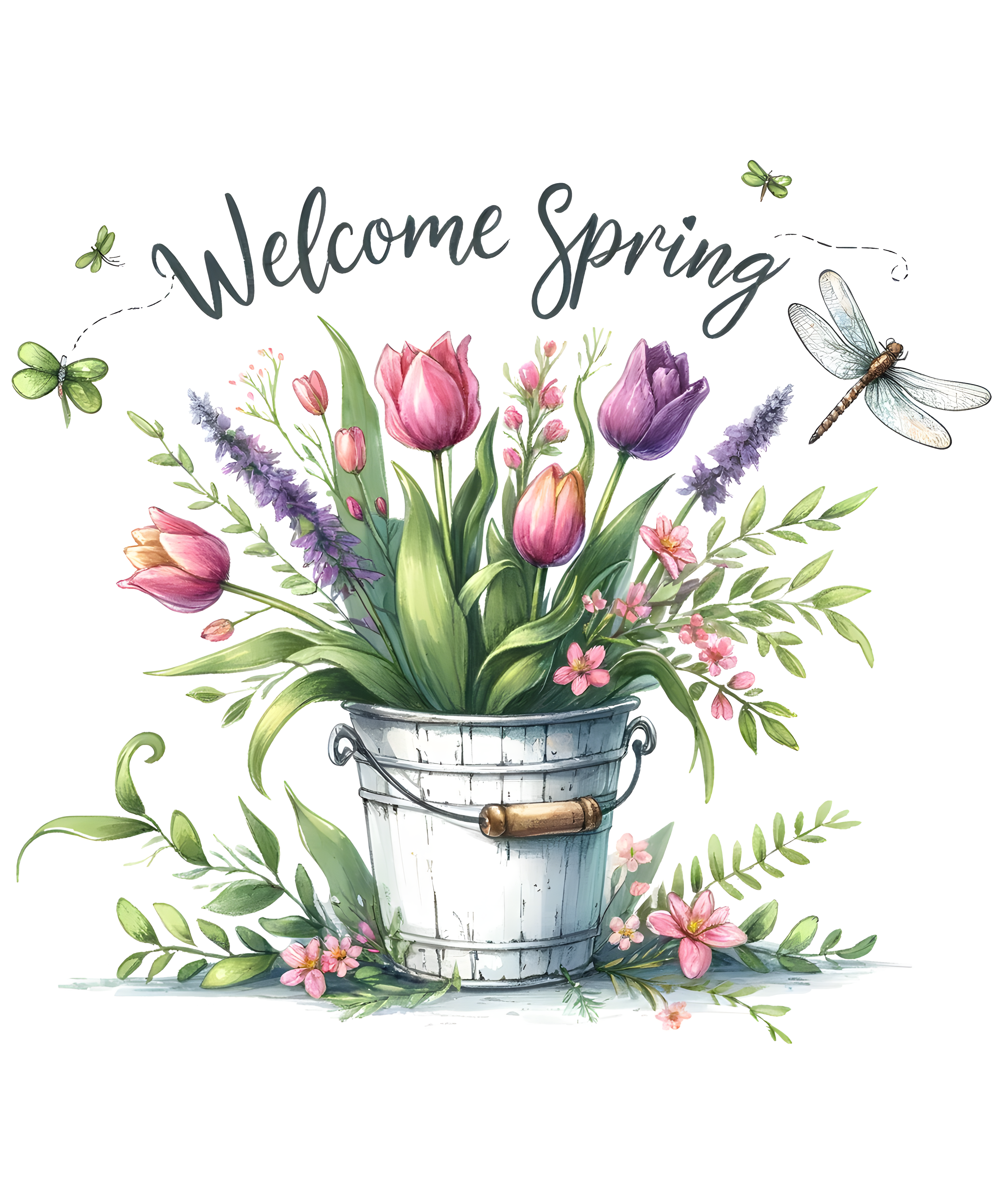Welcome Spring Tulip Bucket DTF Transfer