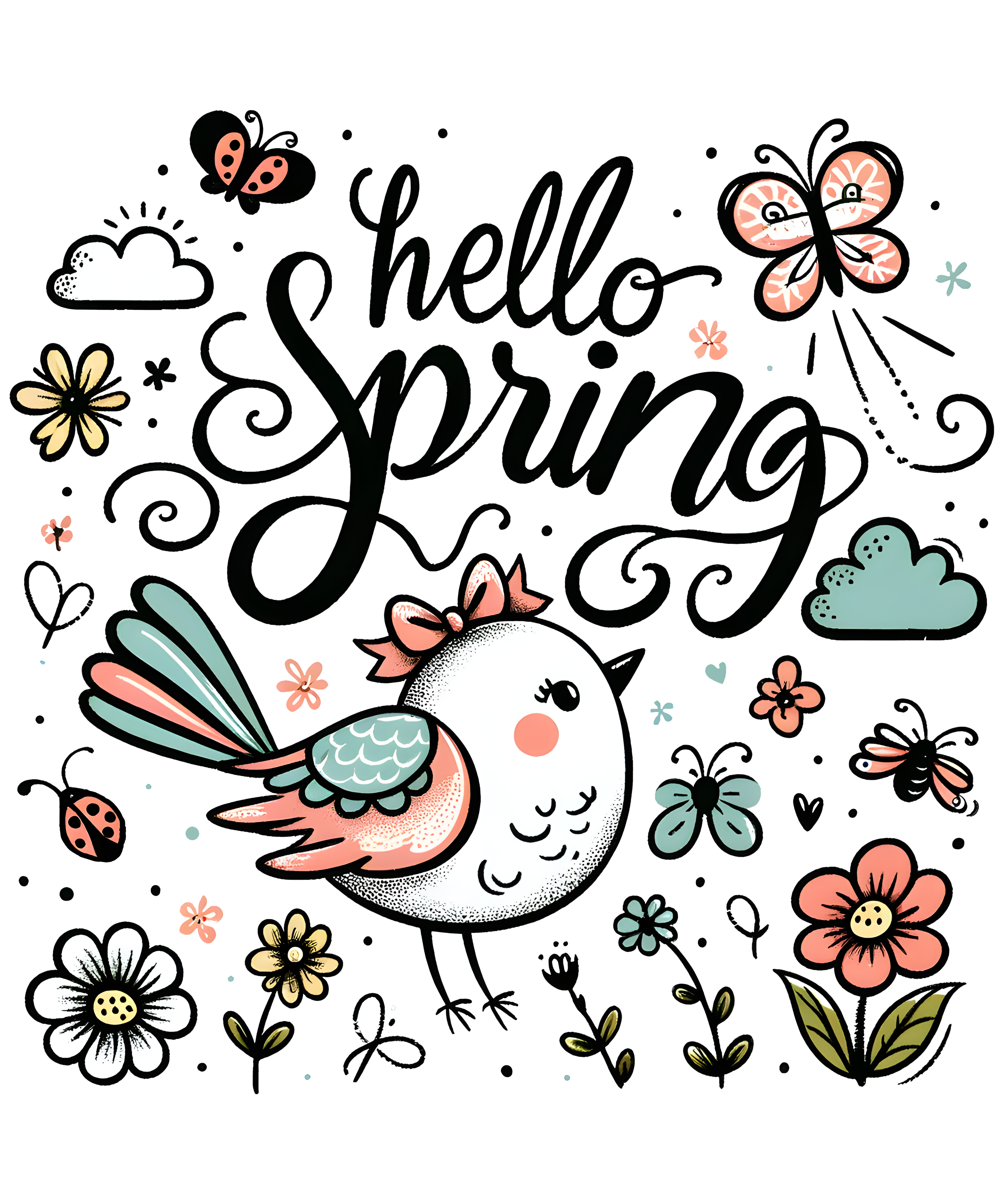 Hello Spring Cute Bird And Flowers DTF Transfer
