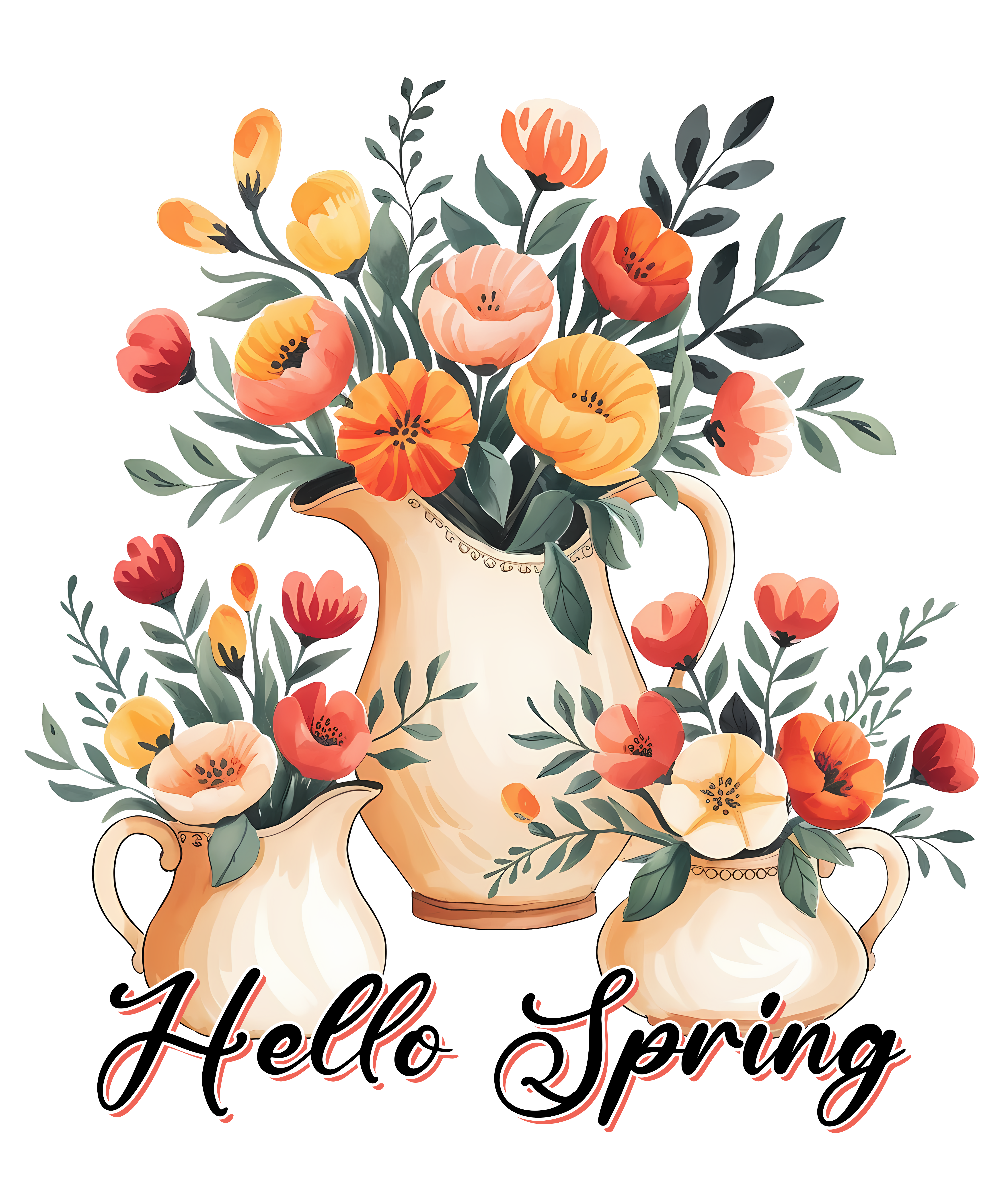 Hello Spring Vintage Floral Pitcher DTF Transfer