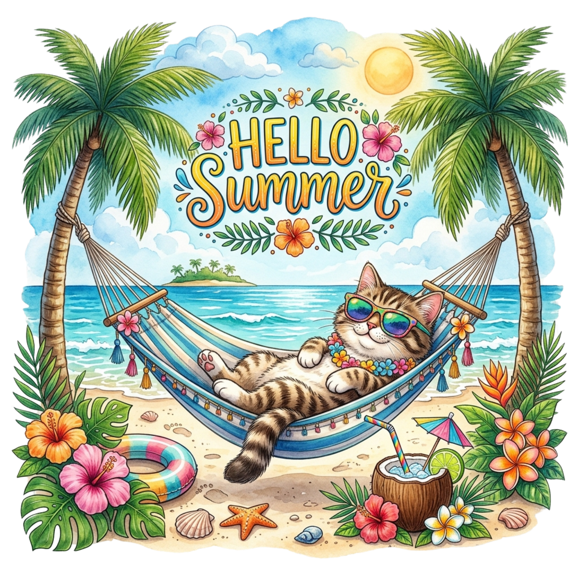 Hello Summer Beach Cat DTF Transfer