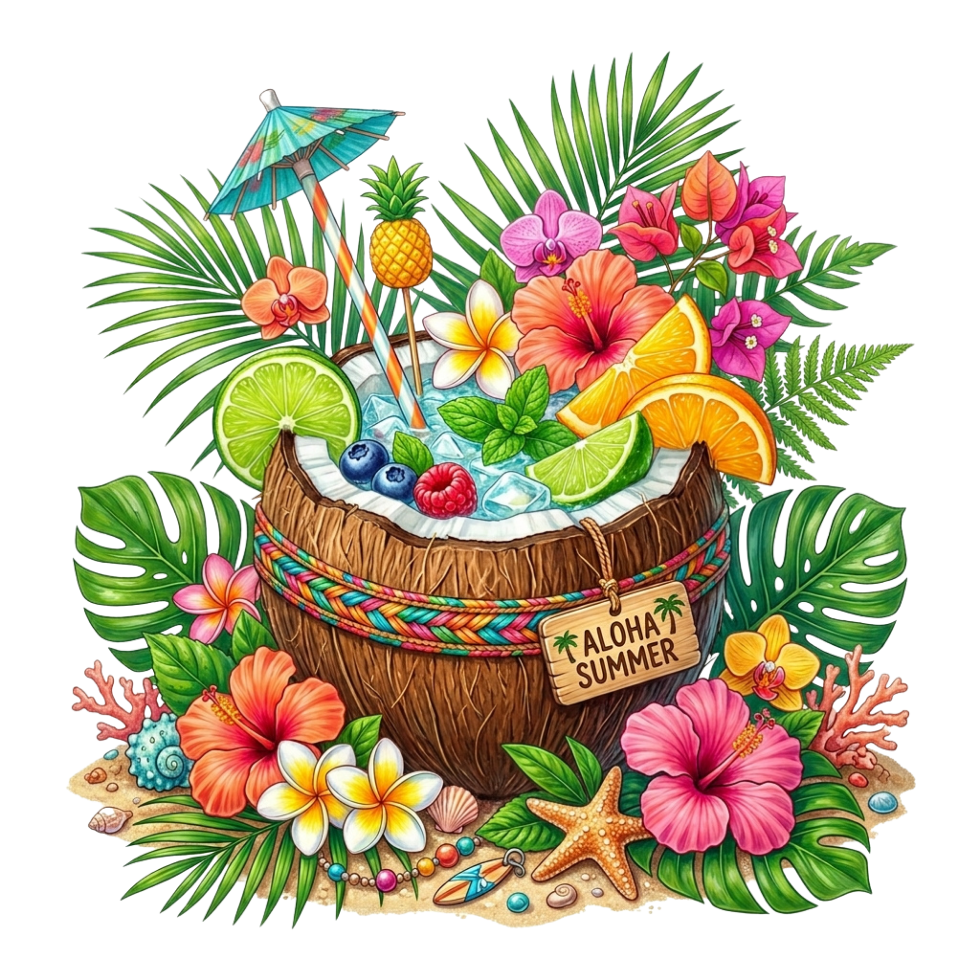 Aloha Summer Coconut Drink DTF Transfer