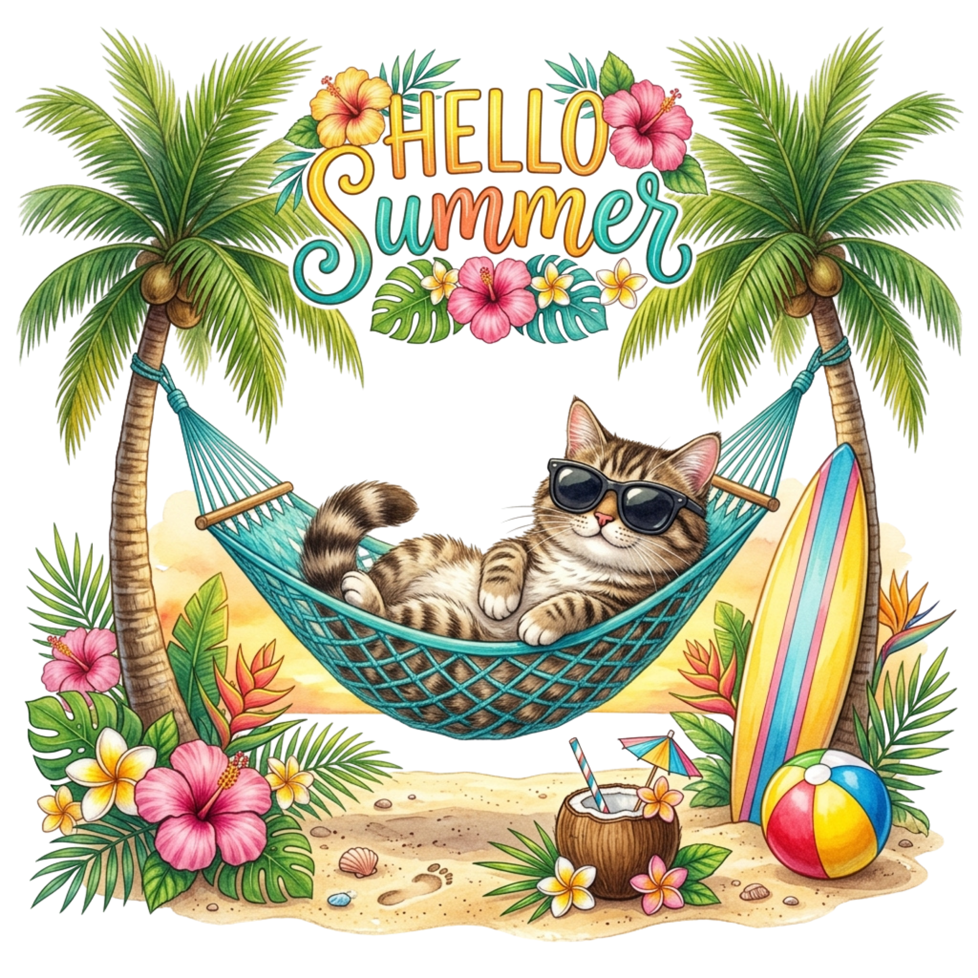 Hello Summer Beach Cat DTF Transfer