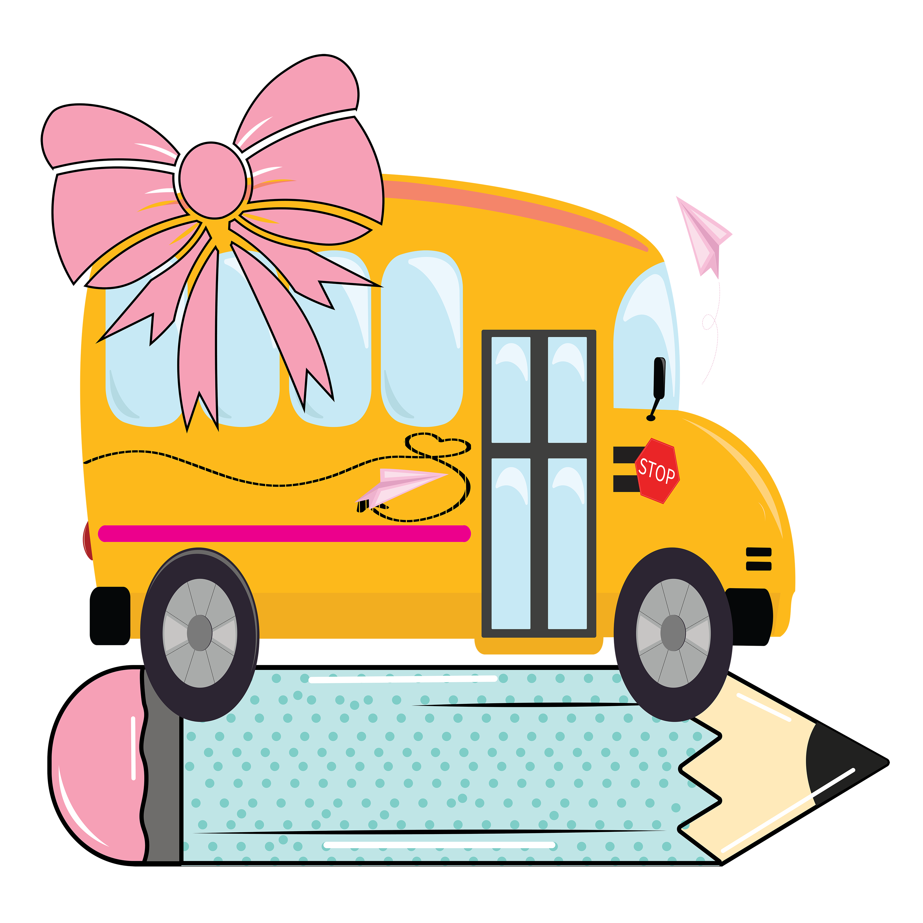 School Bus With Bow And School Supplies DTF Transfer