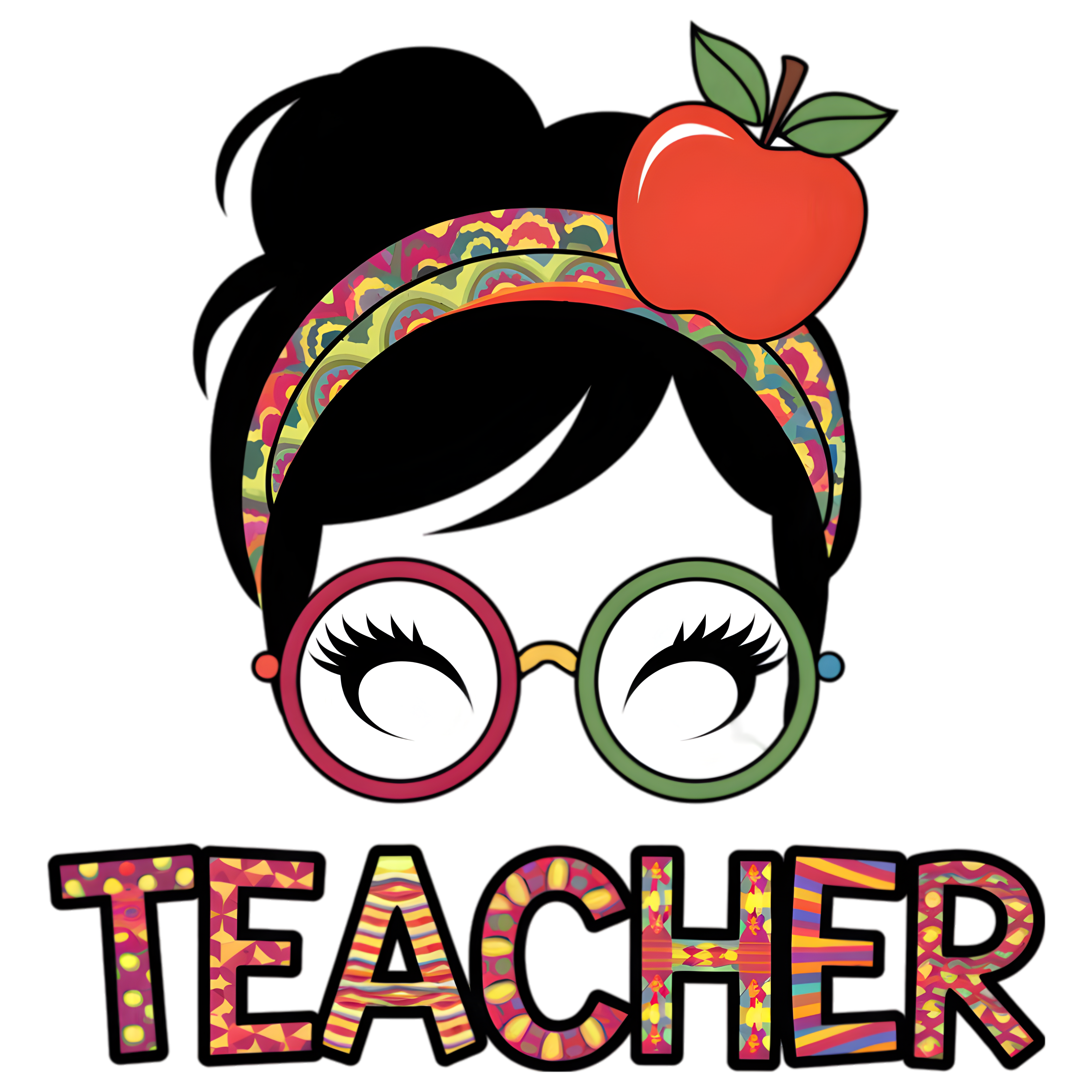 Teacher Messy Bun Apple Glasses DTF Transfer