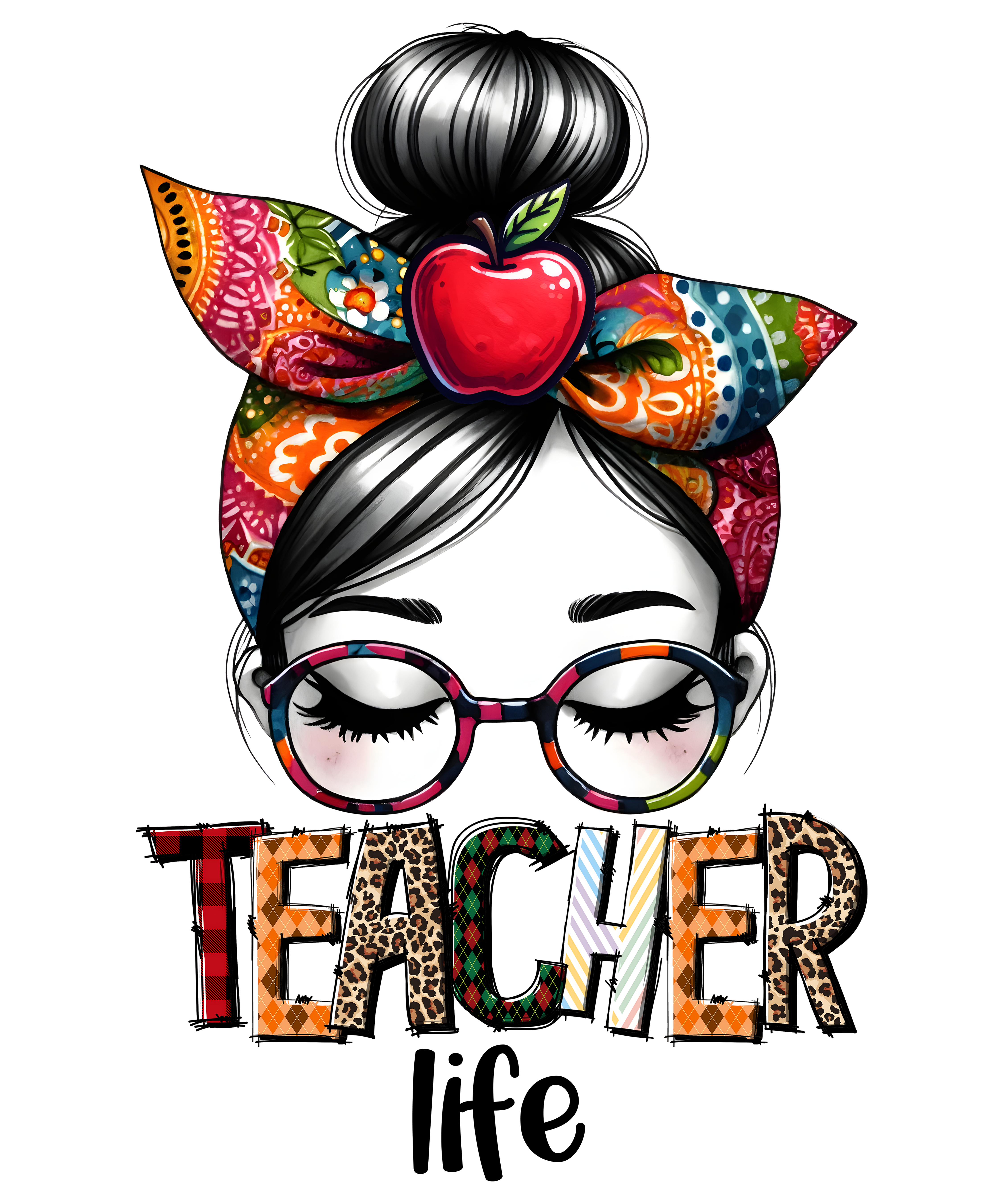 Teacher Messy Bun Glasses DTF Transfer