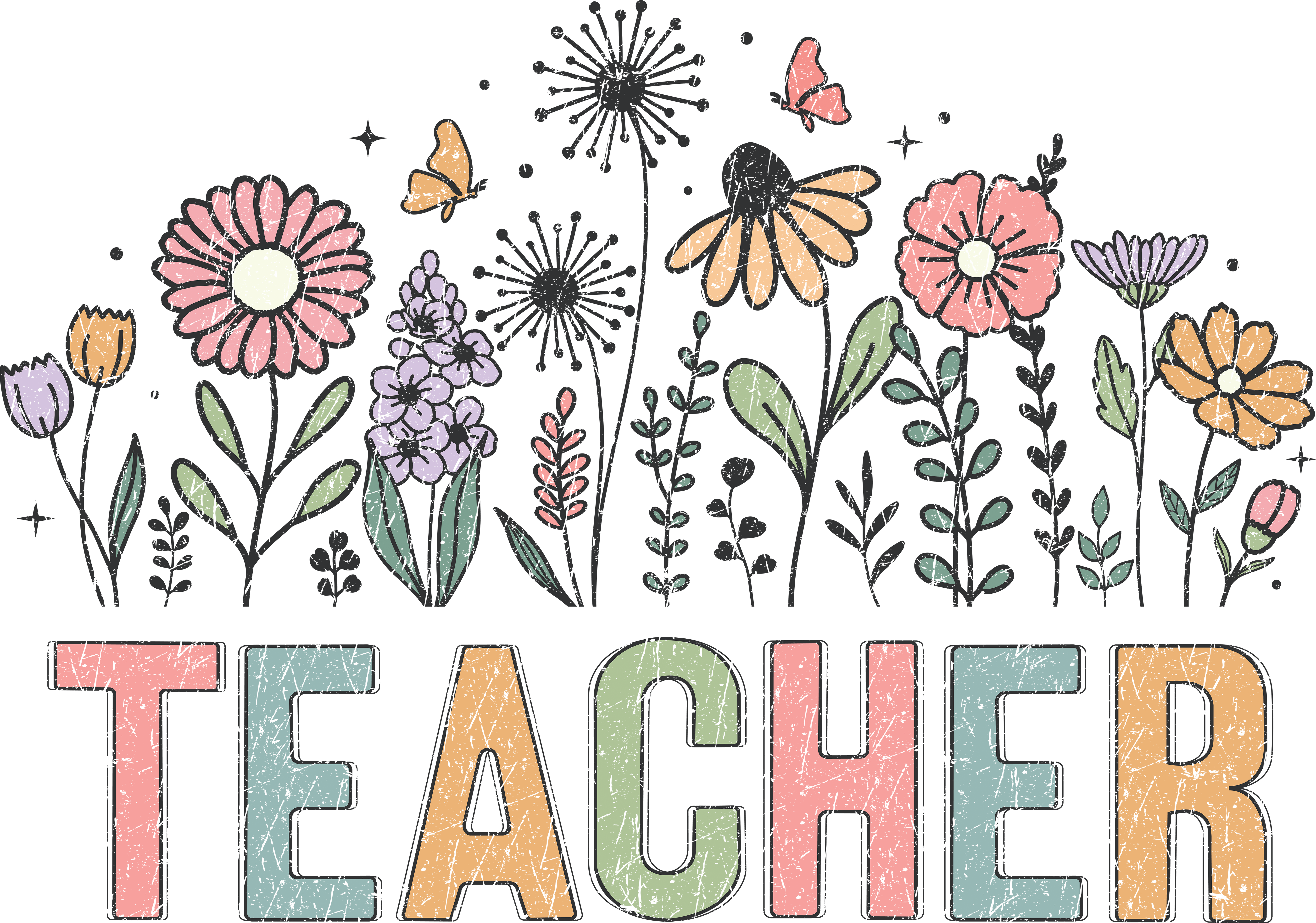 Distressed Floral Teacher DTF Transfer