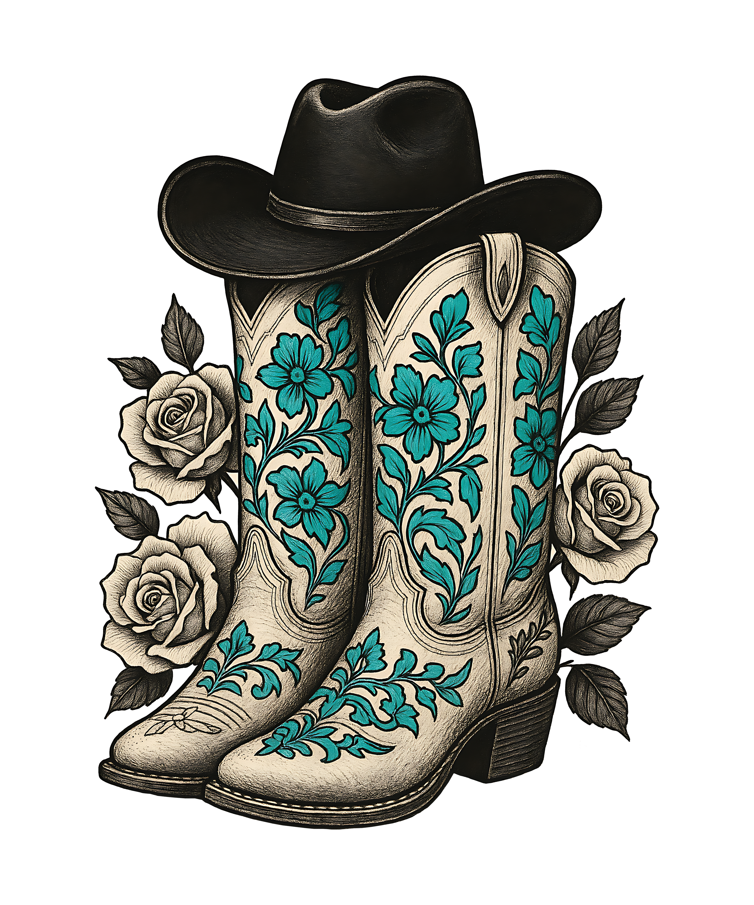 Turquoise Floral Cowboy Boots DTF Transfer